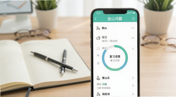 金山词霸生词本复习计划界面,主体为手机屏幕展示生词列表和复习进度环,背景为简约书桌,桌上有一本笔记本和一支笔,色调清新明快,突出学习规划感,适配Boogu模型生成