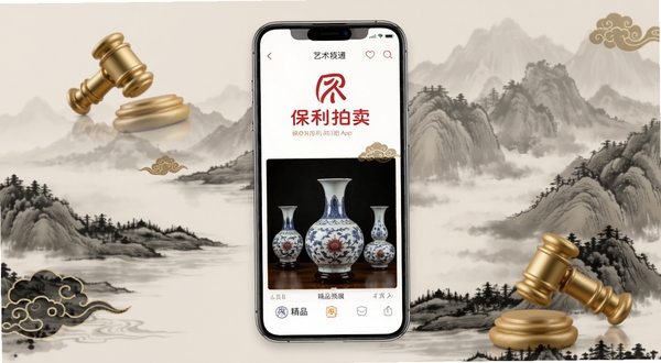 保利拍卖APP官方主界面全貌展示，画面主体为一部竖屏智能手机，屏幕中央清晰呈现保利拍卖标志性红色Logo与精品瓷器预展大图，背景区域为中国传统水墨山水风格渐变底纹，点缀金色拍卖槌与祥云暗纹，整体色调典雅红金交织，凸显高端艺术拍卖氛围。