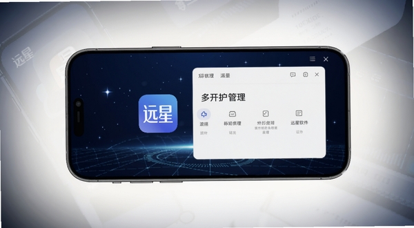 远星软件主界面展示,手机屏幕中央显示远星应用的启动图标与多开管理面板,背景为深空蓝色调,点缀微弱星光与科技感网格线条,画面主体位于中央偏上区域,四周留出柔和光晕过渡,整体风格简洁清爽,适配Boogu模型生成。