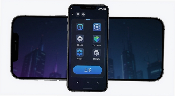 GDroid 软件主界面展示图，手机屏幕中央显示虚拟空间管理面板，背景为简洁的深色渐变，画面主体聚焦于应用图标与启动按钮，整体风格科技感十足，适配Boogu模型生成