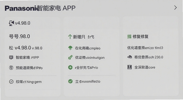 松下智能家电APP更新日志页面截图风格,手机屏幕显示版本号v4.98.0与新增、优化、修复三栏内容,背景为浅灰色,文字清晰,界面整洁,突出软件迭代记录,画面简洁直观。
