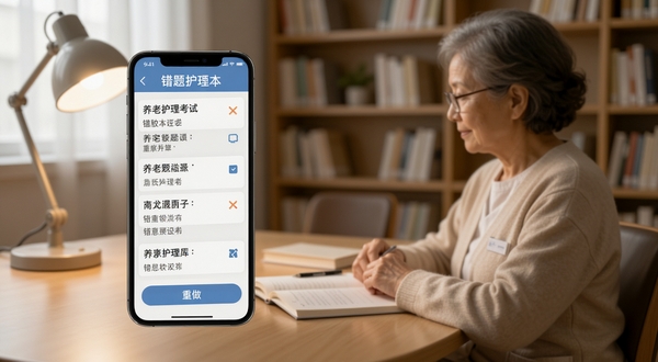 养老护理员考试聚题库错题本功能展示,手机屏幕呈现错题列表与重做按钮,背景为安静的自习室环境,桌面整洁,光线柔和