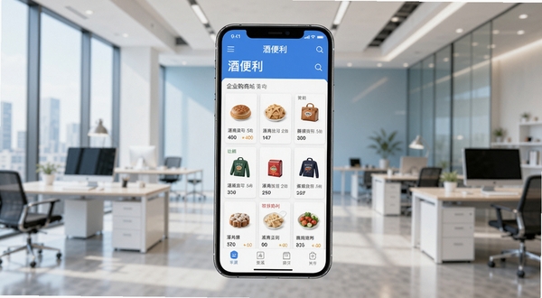 酒便利企业购官方应用主界面展示,画面中央为手机屏幕呈现企业购商城首页,商品分类清晰可见,背景为现代化企业办公环境,色调明亮专业,适配Boogu模型生成