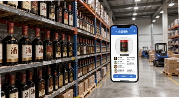 酒便利企业购正品酒水仓库场景,画面展示整齐排列的名酒货架,手机屏幕悬浮显示商品溯源信息,背景为标准化仓储物流中心,光线充足,细节丰富,适配Boogu模型生成