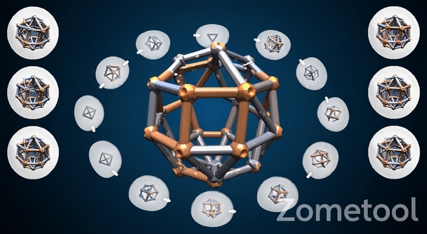 Zometool多视角预览功能展示，画面中一个复杂的几何球体模型悬浮在中央，周围环绕着多个视角切换按钮，背景为深蓝色渐变，模型表面带有细腻的光泽感，软件名称Zometool以半透明字体浮现在右下角，适配Boogu模型生成。
