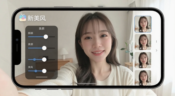 新美风实时美颜界面，手机屏幕显示人物自拍画面，左侧悬浮美颜参数滑块，右侧是滤镜缩略图列表，背景为简洁的室内环境，光线柔和自然，突出软件名称新美风的标识，适配Boogu模型生成
