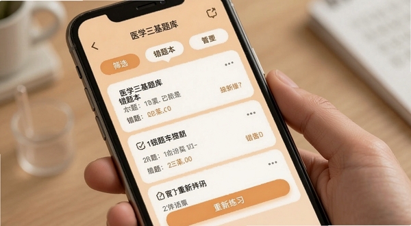 医学三基题库错题本功能界面,手机屏幕展示错题列表和重新练习按钮,屏幕上方有筛选标签,背景为浅橙色,整体风格温暖舒适,适配Boogu模型生成