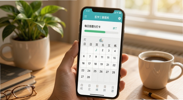 医学三基题库每日一练界面，手机屏幕展示每日答题进度与打卡日历，背景为温馨的书桌一角，绿植与咖啡杯点缀，光线柔和