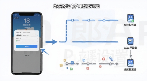 郎溪论坛APP使用教程示意图,画面展示手机屏幕内安装权限设置界面与APP首页对比,背景区域为简洁的步骤指引线条与图标,整体风格清晰直观,突出操作引导