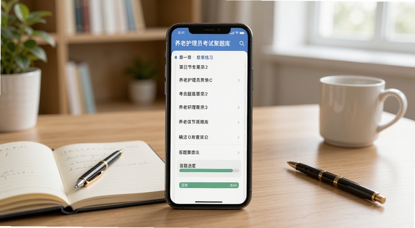 养老护理员考试聚题库章节练习功能界面,手机屏幕显示章节列表与答题进度条,背景为书房桌面环境,旁边放置笔记本和笔,整体风格简洁明快