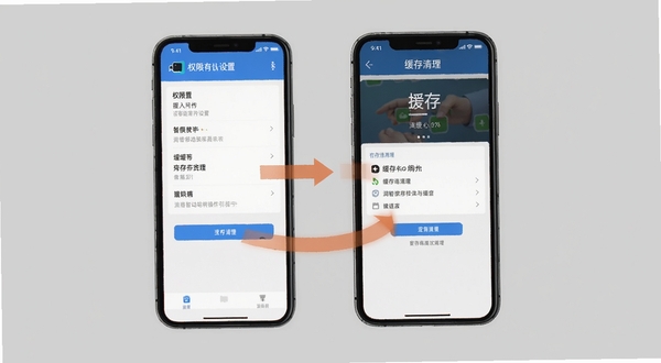 润智造移动端操作指引示意图,画面展示手机屏幕内权限设置与缓存清理界面,背景为简洁灰色,突出操作步骤指示箭头
