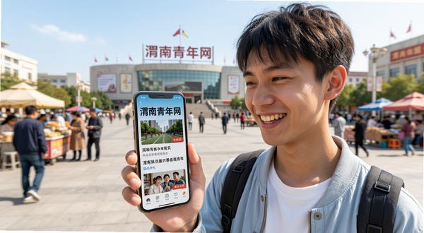 渭南青年网 移动端使用场景 年轻人手持手机浏览本地资讯 表情愉悦 背景为渭南市中心广场 阳光明媚 生活气息浓厚