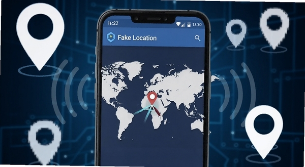一款名为Fake Location的安卓手机应用界面展示,画面中央是手机屏幕特写,屏幕上显示着世界地图与定位光标,背景是深蓝色科技感渐变空间,周围环绕着定位图标与信号波纹,整体风格简洁现代,突出虚拟定位主题