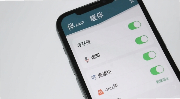 暖伴应用权限设置界面截图，画面主体为手机屏幕显示暖伴APP的权限管理页面，包含存储、麦克风、通知等开关选项，背景区域为浅灰色极简风格，突出设置项文字，软件名称暖伴出现在顶部标题栏