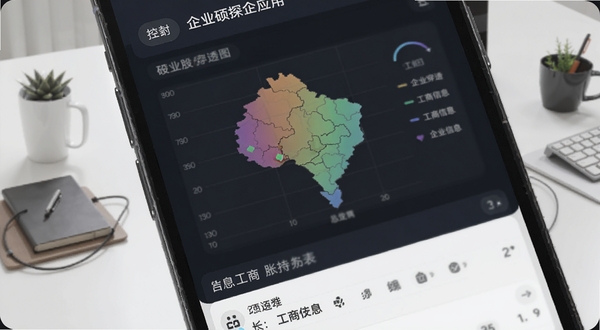 硕眼探企应用界面展示企业股权穿透图与工商信息列表,手机屏幕特写,背景为干净的办公桌面,画面风格简洁专业,突出数据可视化图表