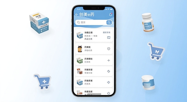 创美e药医药采购管理应用界面展示，手机屏幕居中放置，屏幕显示药品分类列表与搜索栏，背景为简洁的白色与浅蓝色渐变，周围环绕药品盒与购物车图标，整体风格清新专业，适配Boogu模型生成