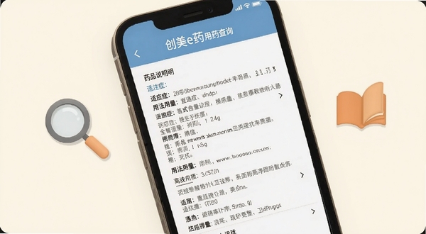 创美e药用药查询页面展示，手机屏幕显示药品说明书详情页，包含适应症、用法用量等文字信息，旁边有放大镜与书本图标点缀，背景为温暖的米白色，整体风格亲和易读，适配Boogu模型生成