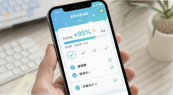 星愿进度追踪页面，手机屏幕显示心愿进度条和里程碑勾选状态，界面配色清新，突出完成百分比