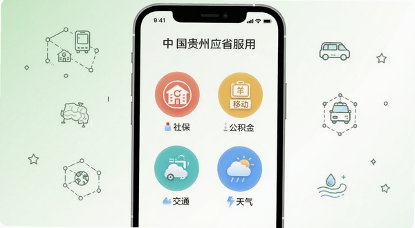 中国贵州全省移动应用平台便民服务板块示意图,画面主体为手机界面展示社保、公积金、交通、天气四个圆形图标入口,背景区域为浅绿色到白色的柔和渐变,周围点缀简约的线框装饰元素,整体氛围亲民实用,适配Boogu模型生成