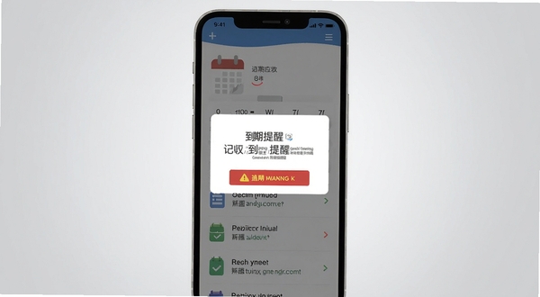 记应收 到期提醒弹窗界面 手机屏幕显示红色逾期警告 日历图标 提醒事项列表 扁平化插画风格 背景为浅灰色渐变