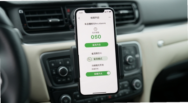 车言槽移动端使用教程示意图,手机屏幕显示权限开启步骤与省流模式开关,背景为车内手机支架场景