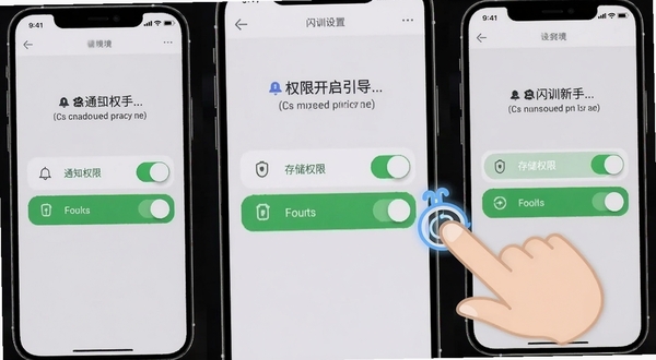 闪训新手设置界面截图，手机屏幕展示权限开启引导页，页面有“通知权限”“存储权限”两个开关按钮，背景为淡灰色极简风格，旁边有手指点击屏幕的示意动画，画面清晰直观
