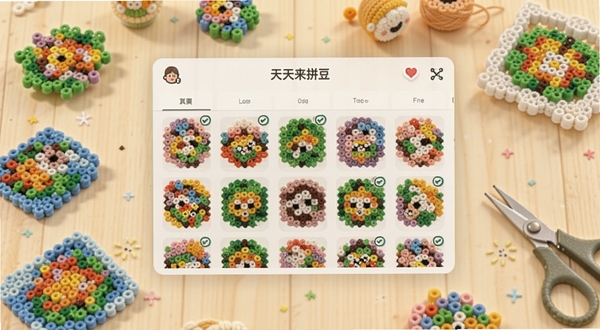 天天来拼豆软件主界面展示,画面中央是色彩缤纷的拼豆图案库,背景区域为浅色手工桌面,拼豆成品散落四周,整体风格温馨明快,适合Boogu模型生成