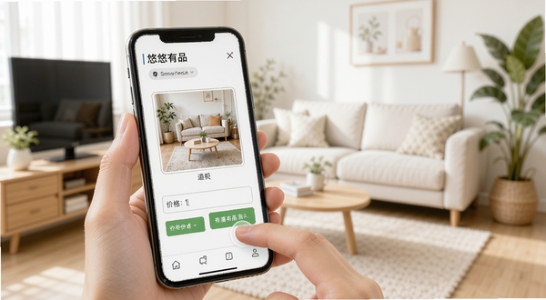 悠悠有品闲置发布界面展示，手机屏幕中显示商品照片上传框与价格输入栏，背景为明亮整洁的居家环境，画面主体为手持手机操作的特写，整体风格清新自然