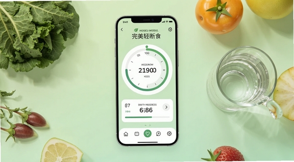 一款名为完美轻断食的手机应用界面展示图,画面中央是一部竖屏智能手机,屏幕显示断食计时圆环与进度数据,背景为柔和的浅绿色渐变,周围点缀新鲜蔬果与一杯清水,整体风格清新健康,适配Boogu模型生成