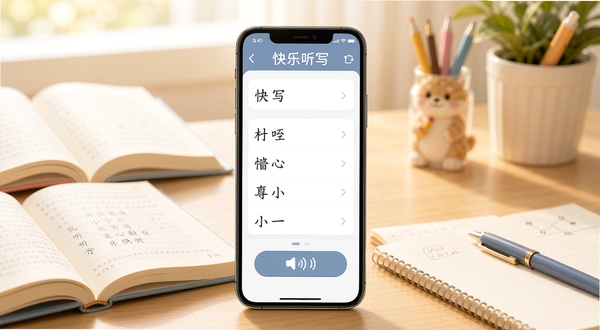 快乐听写软件主界面全貌展示,画面中央为手机屏幕,屏幕内呈现快乐听写APP的听写功能界面,包含字词列表与语音播报按钮,背景为温馨的书桌场景,有课本和文具点缀,整体色调明亮柔和,适合教育类软件宣传图风格