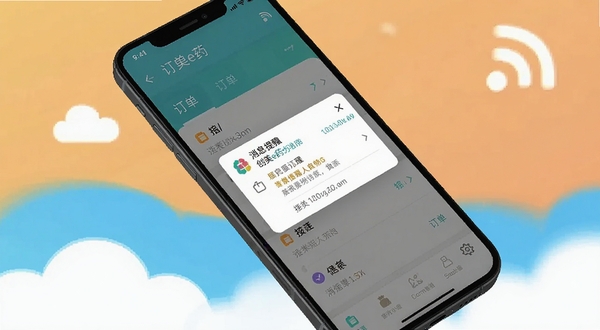 创美e药移动端操作界面截图，展示订单列表与消息提醒弹窗，手机呈倾斜角度放置，背景有云朵与信号图标，整体色调清爽，适配Boogu模型生成