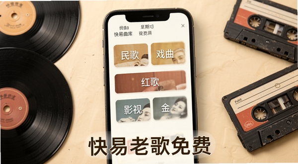快易老歌免费曲库分类界面,画面主体为手机屏幕特写,屏幕上清晰展示民歌、戏曲、红歌、影视金曲等分类标签,背景是柔和的米黄色,旁边点缀着老式唱片和磁带元素,画面下方显示“快易老歌免费”文字标识,细节丰富,风格写实