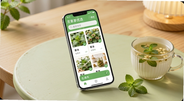 灵草优选手机界面悬浮在浅绿色桌面上，屏幕内展示草本分类卡片与搜索框，旁边放着一杯花草茶和几片新鲜薄荷叶，背景是木质桌面与暖色灯光，画面干净柔和，突出灵草优选软件的生活化使用场景，细节清晰，风格写实清新