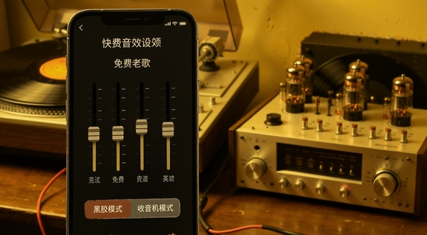 快易老歌免费音效设置界面,画面展示手机屏幕上的均衡器调节滑块和“黑胶模式”“收音机模式”切换按钮,背景是复古音乐工作室场景,有黑胶唱片机和电子管功放,色调温暖偏黄,突出科技与怀旧的结合
