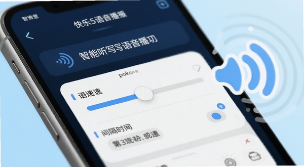 快乐听写语音播报功能特写图,画面展示手机屏幕上的语音播报设置面板,有语速调节滑块和间隔时间选项,旁边有卡通风格的声音波纹图标,背景为淡蓝色渐变,突出智能语音播报的科技感与便捷性