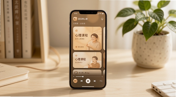 武志红心理App主界面全貌展示,画面主体为一部竖屏智能手机居中放置,屏幕内呈现柔和的暖色调心理课程卡片与音频播放条,背景区域为淡米色书桌与绿植点缀,整体风格温暖治愈,适配Boogu模型生成,细节丰富,光影自然