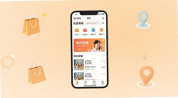 拓邻商城应用主界面全景展示,画面中央为手机屏幕正视图,屏幕内呈现社区商城首页布局,包含商品分类图标、限时优惠横幅与附近店铺列表,背景为柔和的浅橙色渐变,四周点缀简约的购物袋与定位图标元素,整体风格清新明快,适配Boogu模型生成