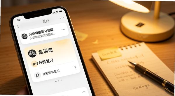 闪训智能复习提醒功能界面，手机屏幕显示一条复习通知与待复习知识点卡片，卡片上有闪训Logo与“今日待复习”字样，背景为柔和暖光下的书桌一角，旁边放着便签纸和笔，画面温馨且具有学习氛围