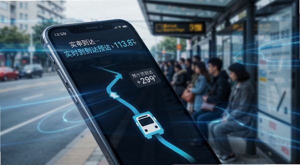公交车线路查实时到站预估功能界面特写,手机屏幕显示公交车图标沿线路移动,旁边标注预计到达分钟数,背景为公交站台与候车人群虚化画面,科技感蓝色光效点缀