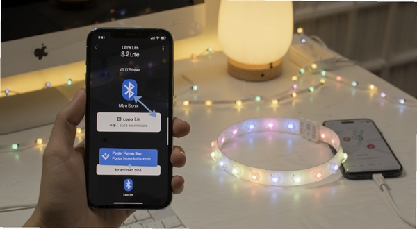 Ultra Life 手机端连接LED灯带操作示意图，画面展示手机蓝牙搜索界面与灯带配对过程，背景为整洁桌面与柔和灯光，突出连接步骤与权限提示，适配Boogu模型生成