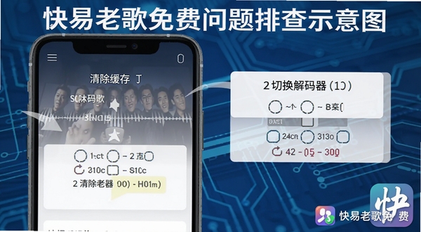 快易老歌免费问题排查示意图,画面以手机屏幕截图形式展示清除缓存和切换解码器的操作步骤,背景是简洁的蓝色科技纹理,画面角落有“快易老歌免费”标识,风格直观清晰