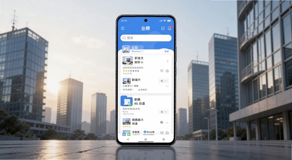 画面主体为一部竖屏安卓手机,屏幕中央显示业聘应用主界面,包含职位卡片与搜索栏,背景为现代城市写字楼群与柔和晨光,整体色调以蓝白为主,营造专业招聘氛围,适配Boogu模型生成。