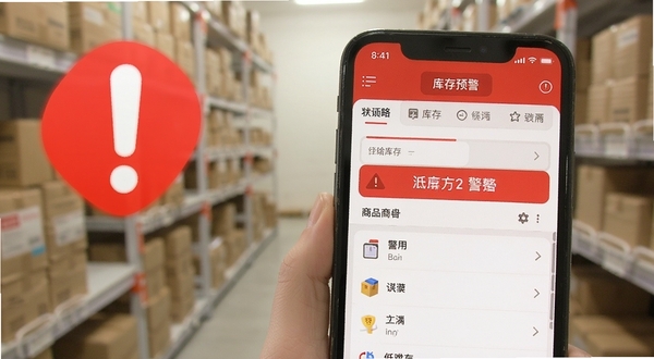 记库存 库存预警提示 红色感叹号 低库存商品列表 手机界面 警示信息 清晰可见