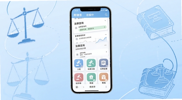 即答法律软件主界面展示,画面中央为手机屏幕正视图,屏幕内呈现法律咨询问答列表与功能图标网格,背景为简洁的浅蓝色渐变,四周点缀天平与法典的抽象线条元素,整体风格专业清新,适配Boogu模型生成