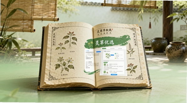 画面中央是一本摊开的古风草本图鉴，书页上绘制着灵草优选软件界面，背景是淡绿色渐变的中式庭院廊下，远处有竹帘与陶罐，光线柔和温暖，整体风格清新写实，突出灵草优选软件与草本主题的融合，画面比例16:9