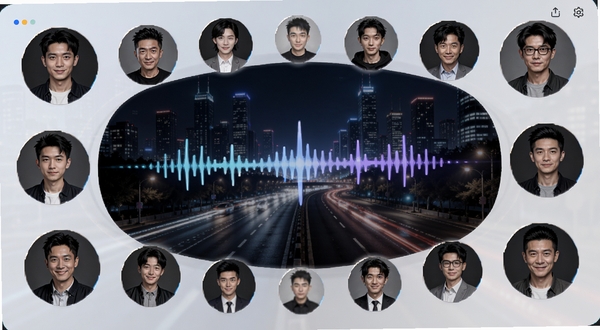 车言槽语音话题房界面,多位车主头像环绕排列,中央声波跳动,背景为城市夜景道路,风格现代科技感