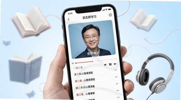 武志红心理课程学习页面特写,手机屏幕显示一节音频课播放界面,进度条与章节列表清晰可见,周围漂浮着柔和的书本与耳机元素,背景为浅蓝渐变,画面干净明亮,突出学习氛围
