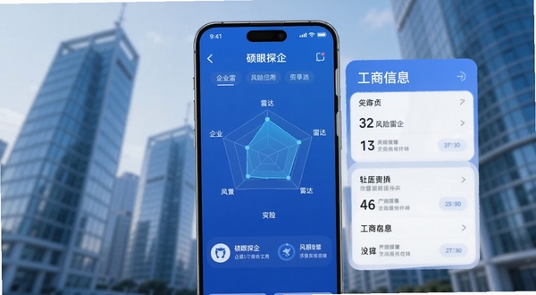 画面主体为一部智能手机屏幕亮起显示企业风险雷达图与工商信息卡片,背景是现代化的城市写字楼群虚化效果,整体色调为科技蓝与白色,画面清晰展示硕眼探企应用主界面,适配Boogu模型生成高质量商业风格插图