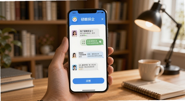 硕眼探企用户问答场景示意图,手机屏幕显示问答界面,背景为柔和的书房环境,画面温馨自然,突出应用图标和问答内容