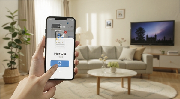 无问AI手机端操作步骤示意图，画面展示一只手拿着手机点击安装按钮，背景为居家客厅环境，光线明亮，突出安装引导界面